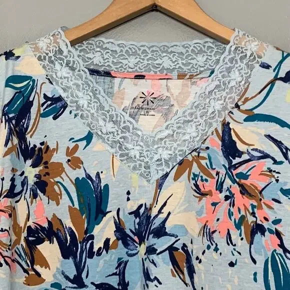 Cottagecore Floral Night Gown Size XL Blue Soft Knit Lace Trim Sleepwear - Picture 3 of 6